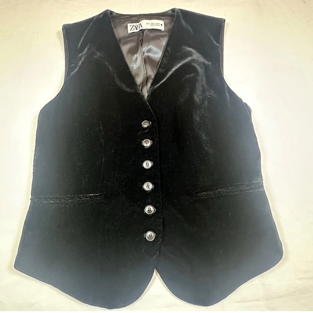 Zara Velvet Vest Sleeveless Black Button Closure Boho Festival Women's Small‎